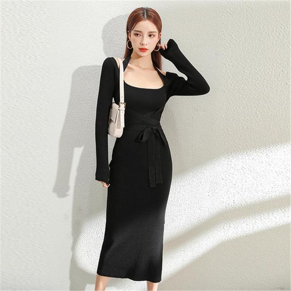 

casual dresses fashion knitted full sleeve dress women solid color slim mid-calf lace-up 2021 women's clothing, Black;gray