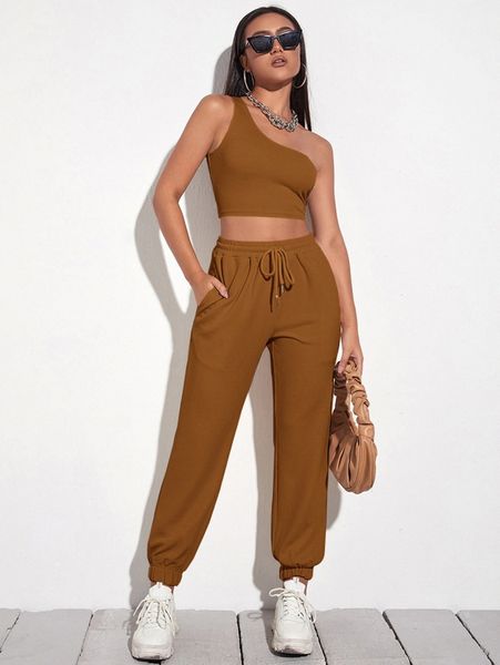 

one shoulder crop & drawstring waist sweatpants v163#, White