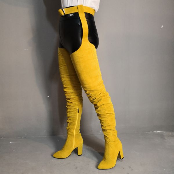 El Yapımı Gerçek Fotoğraf Bayan Uyluk-Yüksek Çizmeler Toka Wasit Kayışı Tıknaz Topuk Kutup Dans Kulübü Uzun Çizmeler Seksi Akşam Moda Kış Ayakkabı D389