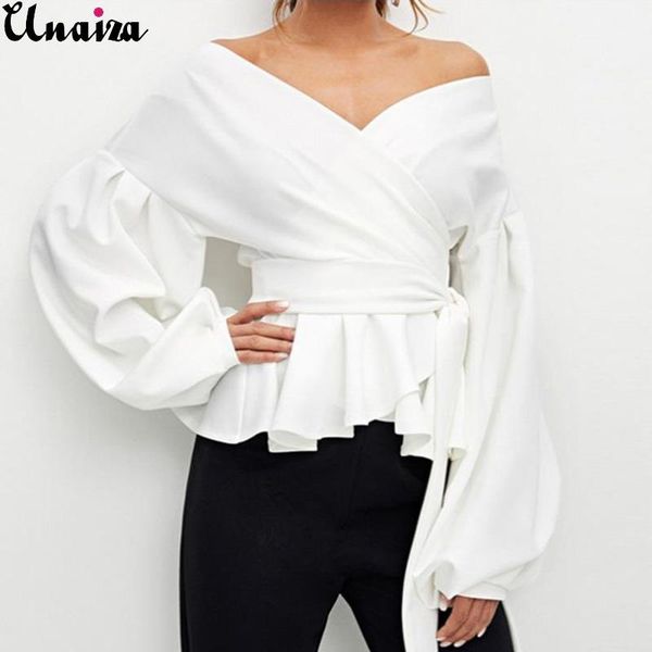

women's blouses & shirts unaiza shirt strapless lantern sleeve bow tie waist long slim v-neck solid color temperament, White