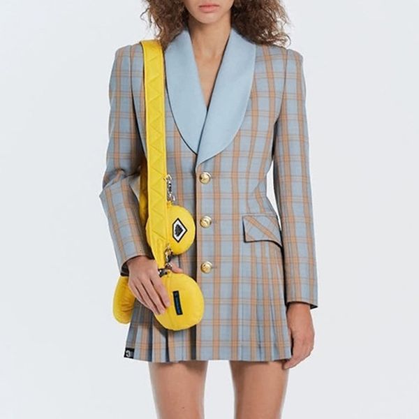 

casual dresses women autumn blazer single breasted plaid pleated ujcr, Black;gray