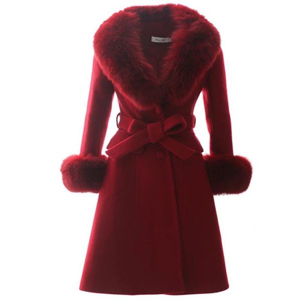 

women's wool & blends turn-down collar loose long red fur coll sashes office style women winter warm casual woolen overcoat, Black