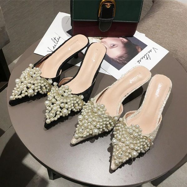 

slippers women designer heels slipper slides ladies dress mules for 2021 low heel pointed toe pearl female1, Black