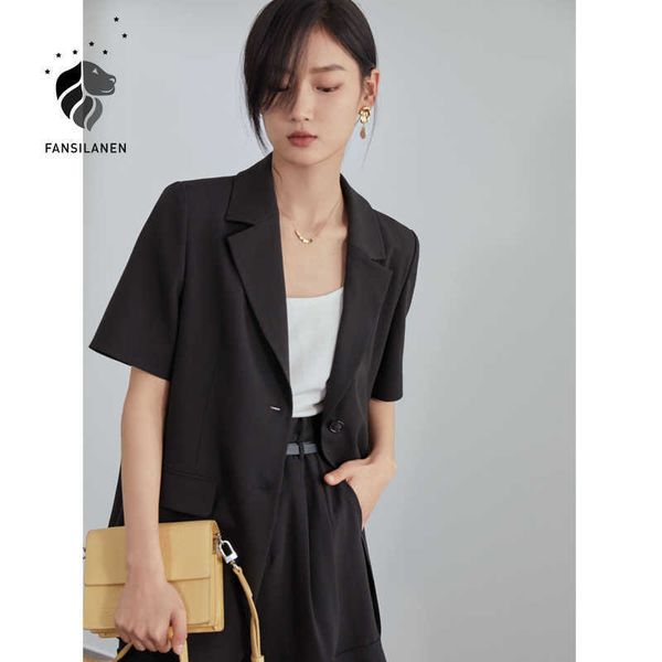 

fansilanen green black small suit jacket women thin short-sleeved single-breasted loose business blazer ladies 210607, White;black