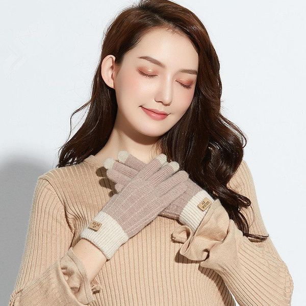 

five fingers gloves 2021 cashmere knitted ladies autumn and winter warm outdoor plus velvet thick cute lamb wool, Blue;gray