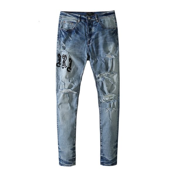 

jeans chaopai high street stickers, broken holes, old washing, elastic leisure slim fitting, Blue