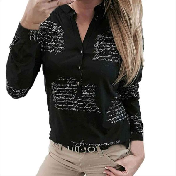 

autumn white black letters women shirt printed buttons v neck long sleeve shirts spring blusas 11