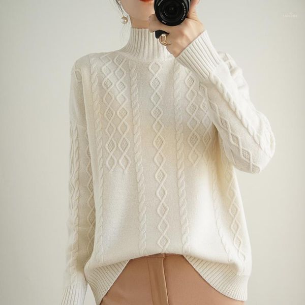

women's sweaters 100% wool cashmere sweater autumn / winter 2021 warm soft high collar long sleeve knitted pullover, White;black