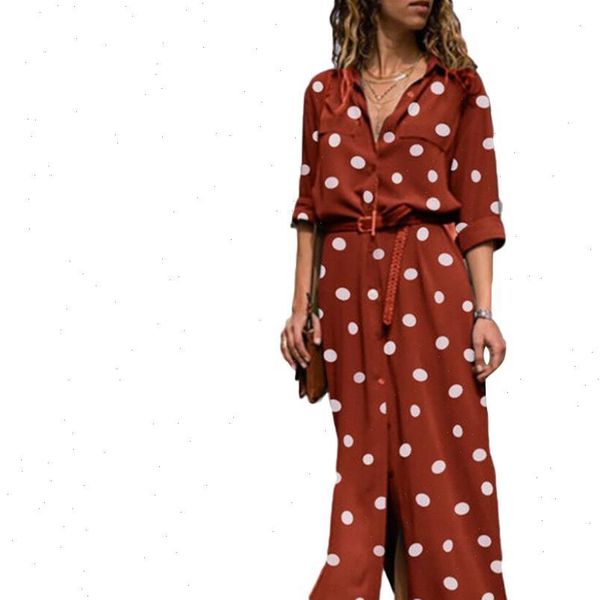 

women polka dot print slitting long sleeve turn down collar maxi shirt dress drop shipping good quality, Black;gray