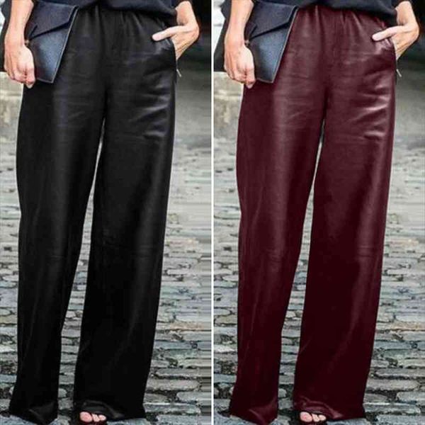 

wide leg trousers zanzea womens capri fashion pu leather casual long pantalon female elastic waist black turnip oversized, Black;white