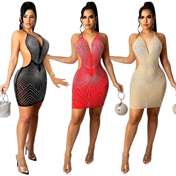 

women dress diamond mesh perspective dress for night club solid halter v-neck backless sleeveless mini dress for summer 210712, Black;gray