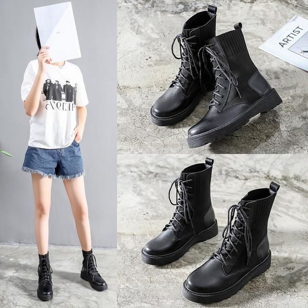 

boots girls botas mujer 2021 shoes women platform brand autumn ladies footware cross-tied ankle black