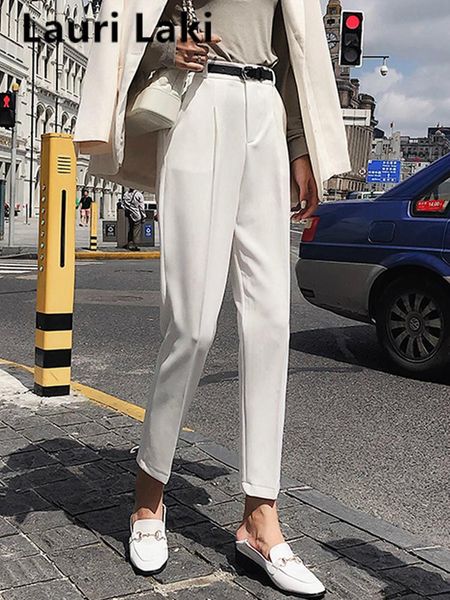 

women's pants & capris vintage elegant harem women solid ol office straight trousers mujer chic high waist plus size white black 2021, Black;white