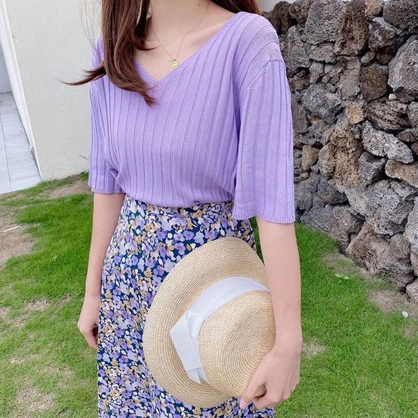 

women's t-shirt summer v-neck short-sleeved ice silk thin section knitted female loose half-sleeved casual arrival, White