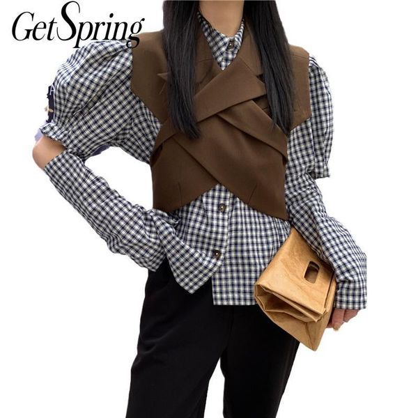 

getspring women shirt hollow out puff sleeve plaid womens blouses asymmetry long sleeve vintage caual woman blouses shirts, White