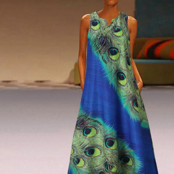 

2021 summer women plus size sleeveless peacock print long maxi dress boho summer beach dress for woman s, Black;gray