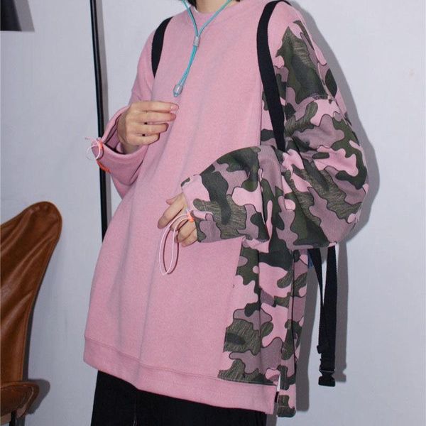 

women's hoodies & sweatshirts camouflage color matching pullover ladies korean loose pink hoodie oversize 2021 autumn ins style, Black