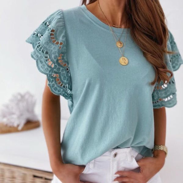 

women casual ruffled t-shirt short sleeve o neck solid elegant high street office lady 2021 summer tees women's, White
