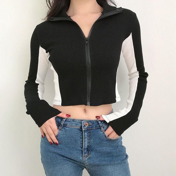 

women's knits & tees zipper turtleneck short slim long sleeve korean outwear patchwork white black knitted cardigan spring autumn fashi