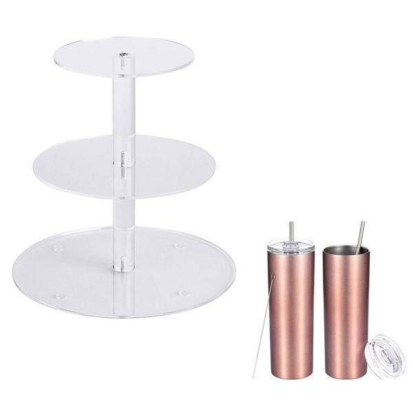 

2 pack 20 oz stainless steel double-insulated water tumbler cup & 1x 3 tier acrylic glass round cupcake display stand