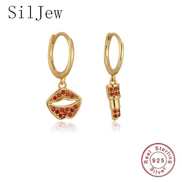 

hoop & huggie fashion real 925 sterling silver red zirconia cute lips lipstick drape earrings for women wedding fine jewelry gifts, Golden;silver