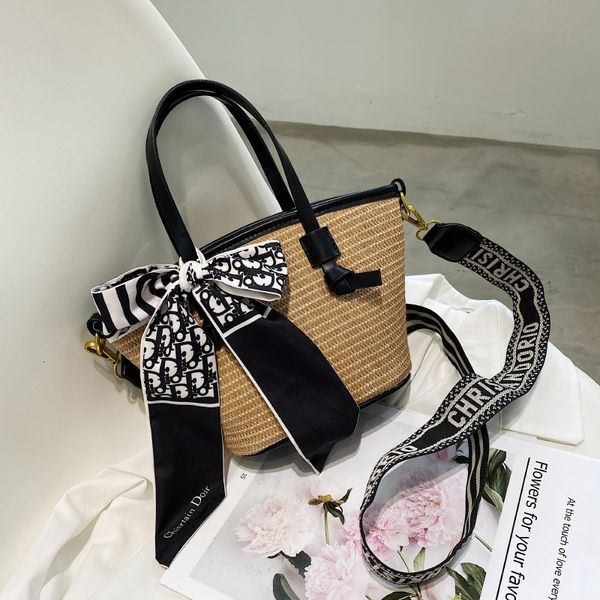 

Handbag 2021 Summer Vegetable Basket Grass Woven Bag Korean Fashion Large Capacity One Shoulder Female, Black;red