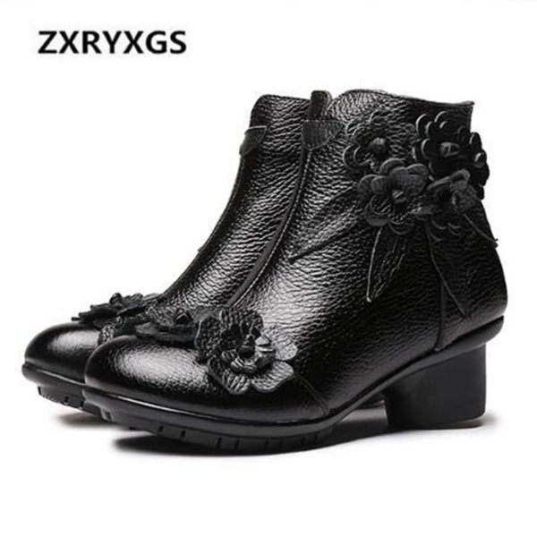 

boots est fashion autumn winter women shoes retro flower cowhide leather non-slip comfort warm ankle, Black