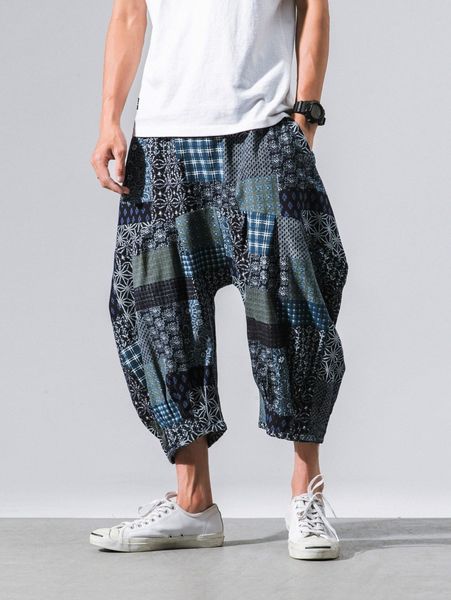

men random patchwork print drop crotch pants v0vt#, Black