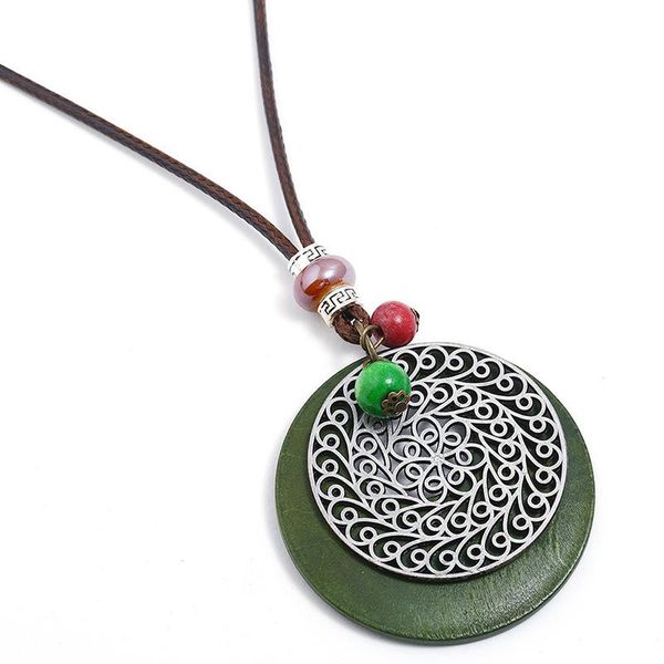 

pendant necklaces vintage fashion women big necklace classic flower round wood beads charm long statement chain girl retro casual jewelry, Silver