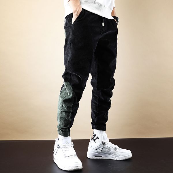 

2021 new korean style fashion men jeans wide leg casual corduroy cargo pants hombre spliced designer streetwear hip hop joggers trouser jg56, Blue