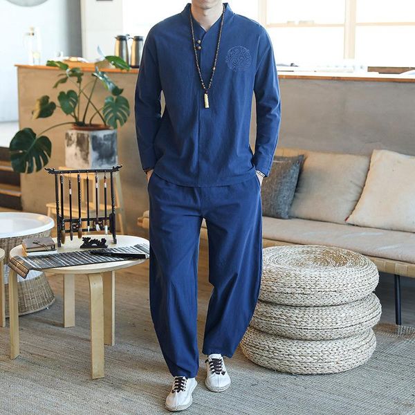 

men's tracksuits casual suit long-sleeved 2021 spring and summer cotton linen plus size chinese style sports, Gray