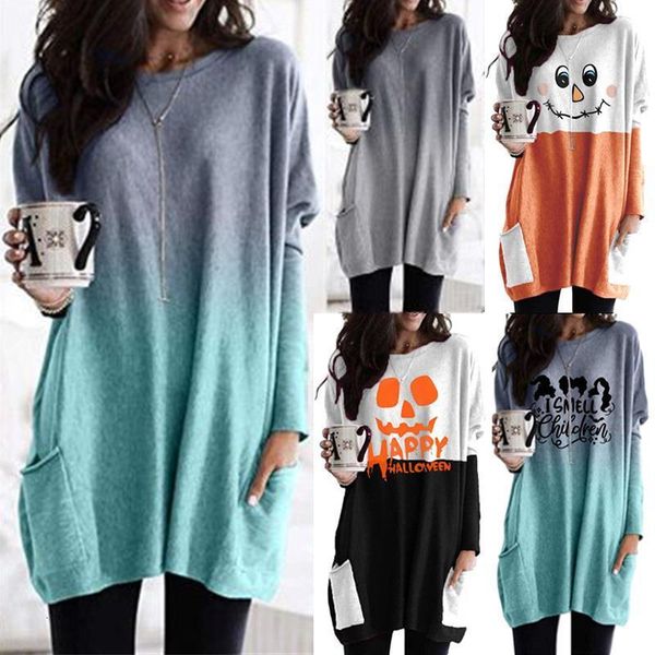 

gradient color pockets women t-shirt plus size halloween long sleeve pullover casual loose long smiley letter print tshirt, White