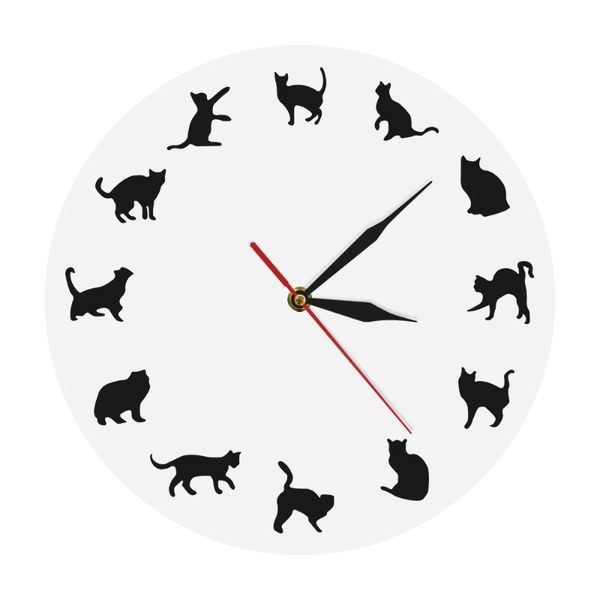 

wall clocks fuuny kittens different poses girls room decor cats meow clock black silhouette kitty lovers modern