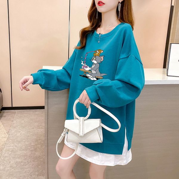 

2021 women spring autumn new fake two patchwork pullover cartoon print sleeve oversized sweatshirt r7en, Black