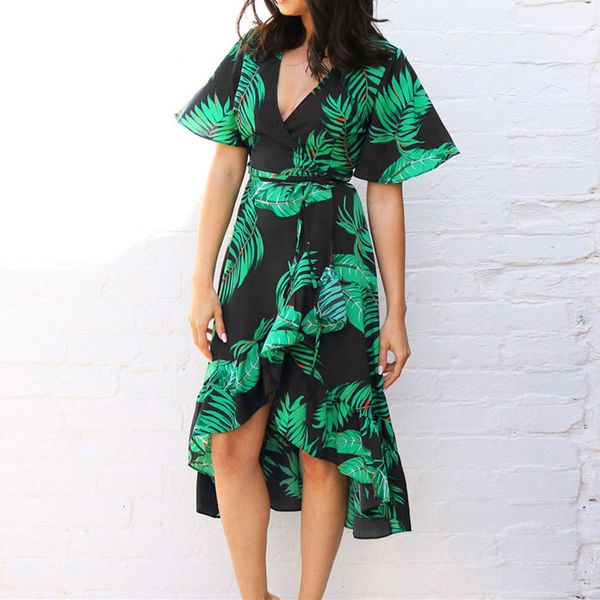 

2021 new summer women print bohemian beach ruffles casual short sleeve v-neck wrap party es vestido 9wnf, Black;gray
