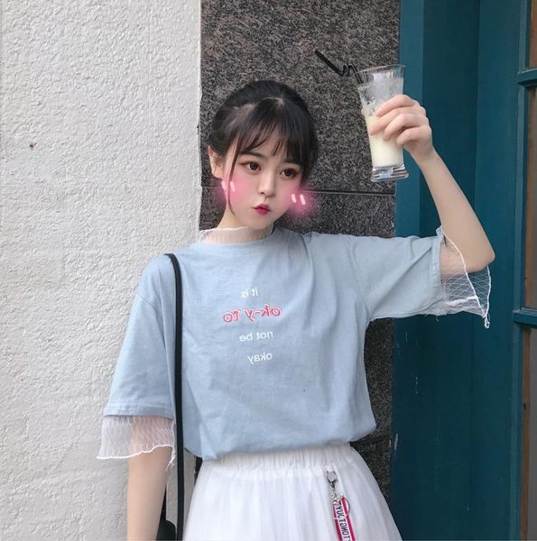 

tee shirt women clothing korean style ulzzang harajuku mesh patchwork fake 2 piece short sleeve t-shirt female tee, White