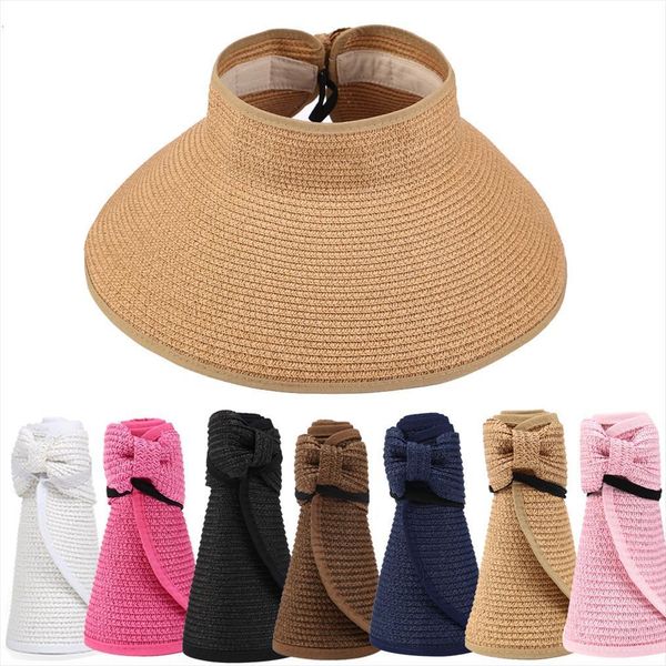 

Womens Casual Floppy Summer Sun Beach Straw Hats Upf 50 Foldable Wide Brim Visor Hat Shade With Cute Bowtie, Blue;gray