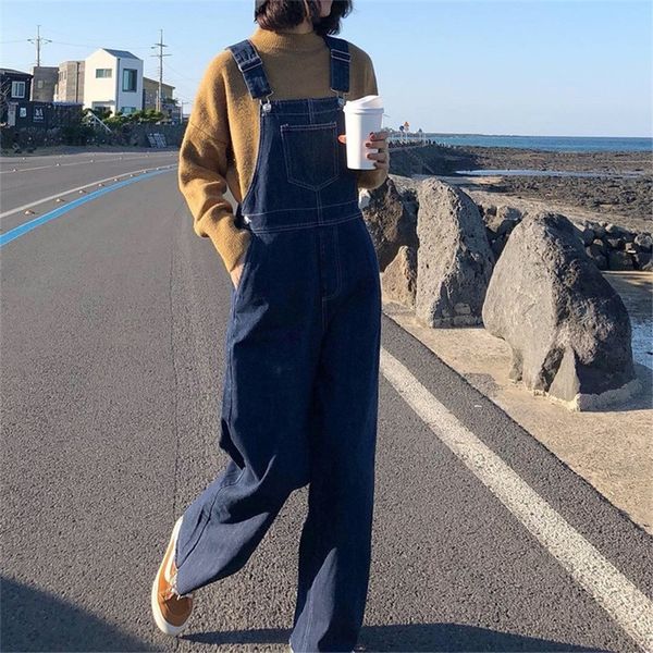 

2021 new women long solid color school girls denim overalls cotton jeans jumpsuit high waist loose design streetwear pvhn, Blue