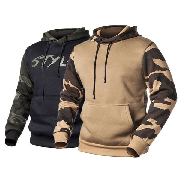 

new men's autumn and winter casual camouflage color matching hooded large size sweater top, Black
