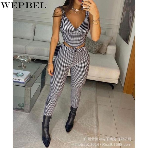 

women's two piece pants wepbel plaid printed slim fit suit summer high waist button pencil + sleeveless v-neck irregular vest, White