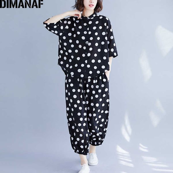 

plus size women sets summer female office lady shirts loose big long pants suit cotton polka dot black 210531, White
