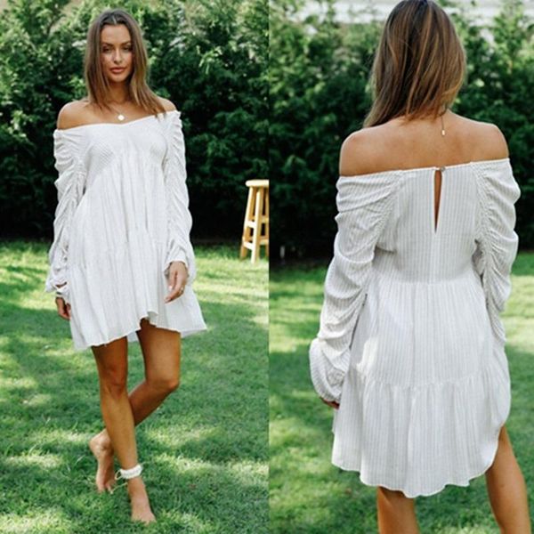 

casual dresses donsignet fashion women clothing summer solid loog sleeve folds stripe mini pile up sleeves strapless dress for, Black;gray