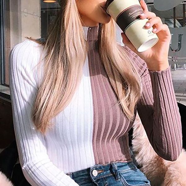 

new 2021 patchwork women turtleneck and pullover autumn casual knitting ny cropped lady sweater 9yp0, White;black