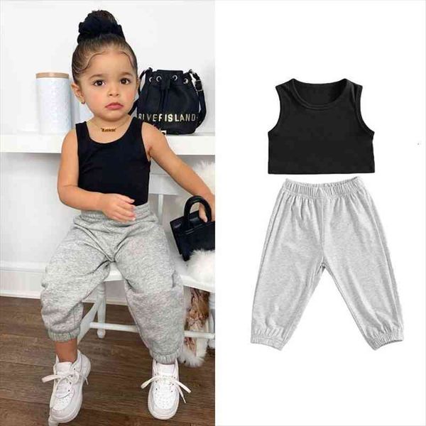 

1 7y summer newly infant kids girls clothes sets causal solid sleeveless vest long pants sports outfits, White