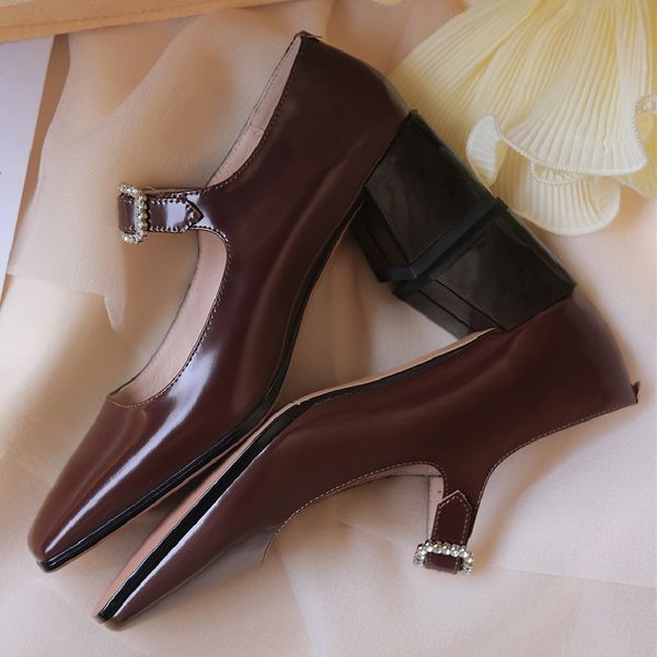 

Womens genuine leather thick med heel metal buckle slip-on mary jane pumps sqaure toe elegant ladies korean style daily shoes, Beige