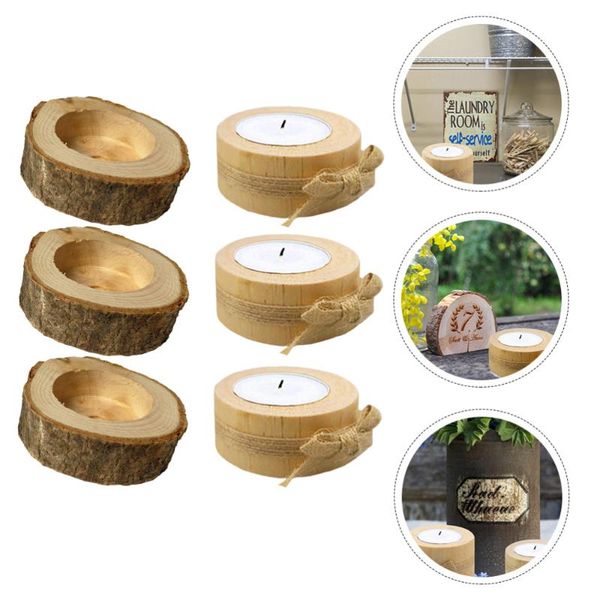

6pcs wood bark stump candle holders dining table candlesticks deskornaments