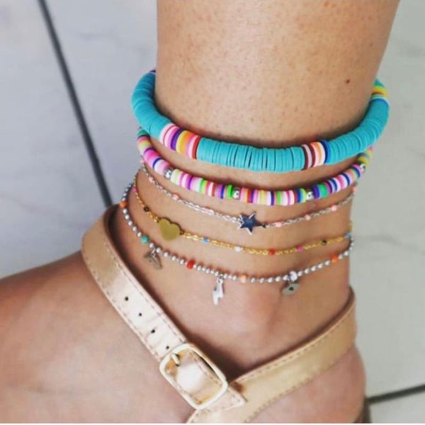

anklets bohemian colorful polymer clay discs anklet for women 2021 handmade elastic summer ocean beach ankle bracelet foot leg jewelry, Red;blue