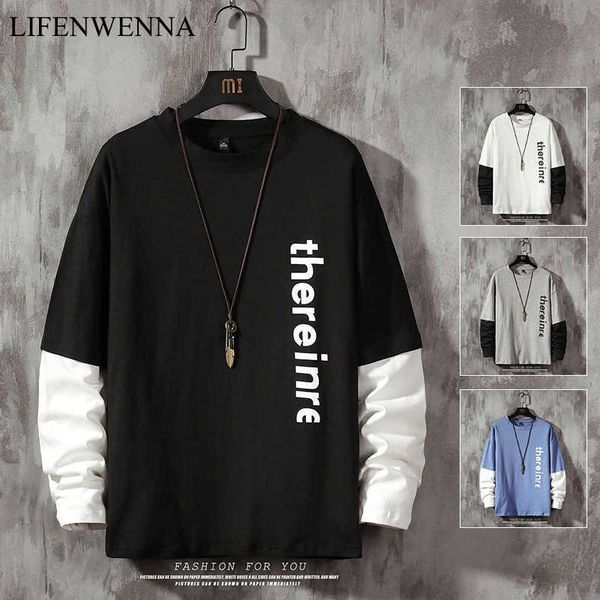 

spring arrival men's t shirt fashion patchwork o neck long sleeve t shirts mens clothes trend casual plus size letters tees 210528, White;black
