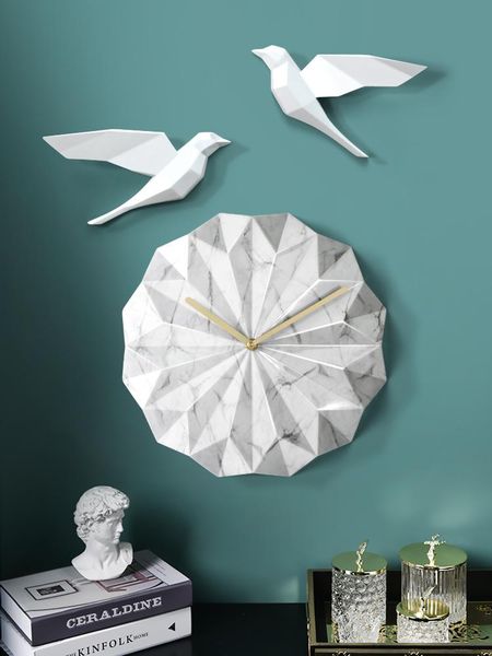 

wall clocks [hht] nordic marbling geometric hanging clock ins net red home decoration mute living room butterfly bird wall-decor