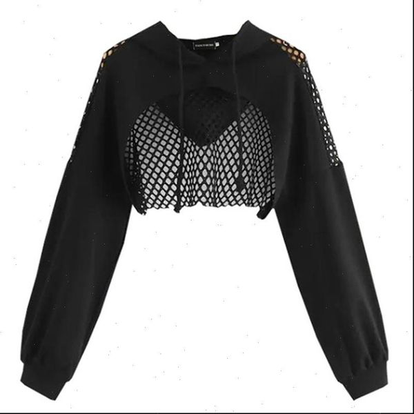 

black hoodies for women 2021 hollow out crop mesh patchwork short sweatshirt long sleeve autumn and pullovers